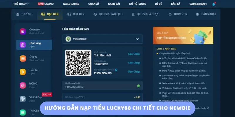 Nạp tiền Lucky88 cho người mới